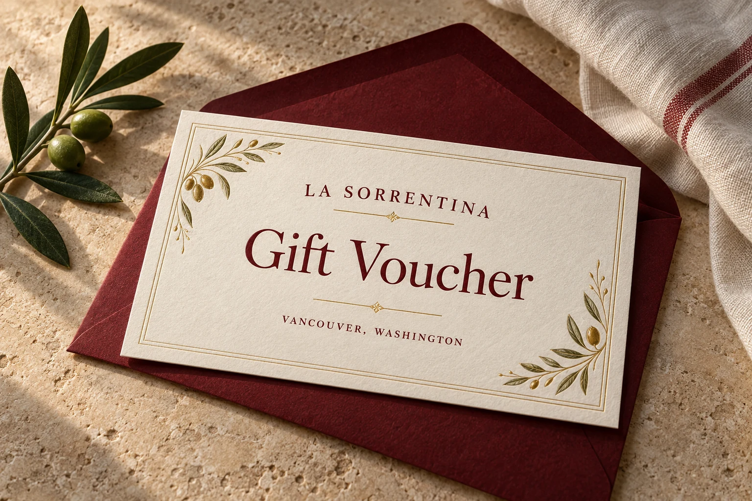 La Sorrentina gift voucher on a burgundy envelope with gold details and olive branches