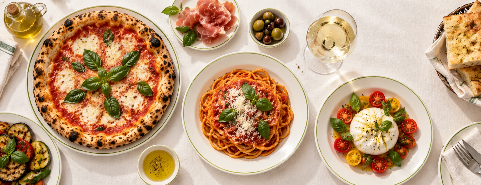 An overhead Italian table with Margherita pizza, tomato-basil pasta, burrata and antipasti on white linen